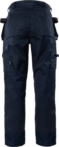 Dunkelblau-graue Cargohose mit mehreren Taschen, Ansicht vom Bund bis zu den Knien.