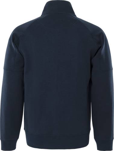 Ein dunkelblaues Langarmshirt, von hinten betrachtet, das sein einfaches und schlichtes Design zeigt.