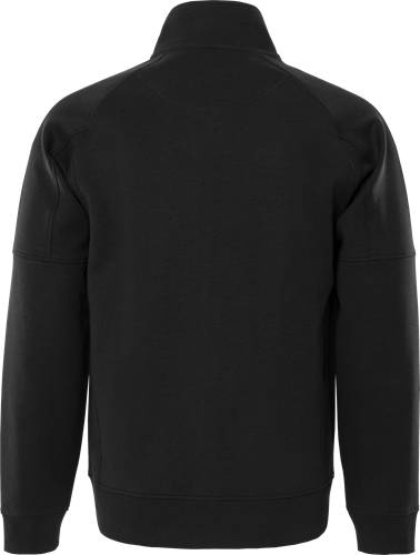 Ein schwarzer Langarm-Pullover, von hinten betrachtet, der das schlichte Design und die Stichdetails zeigt.