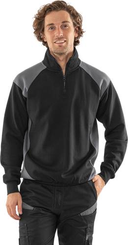 Ein Mann in einer schwarzen und grauen Sweatjacke steht vor einem einfarbigen Hintergrund.