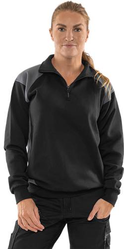 Eine Person, die einen schwarz-grauen Pullover mit offenem Kragen trägt. Der Fokus liegt auf dem Oberkörper, ohne sichtbaren Hintergrund.