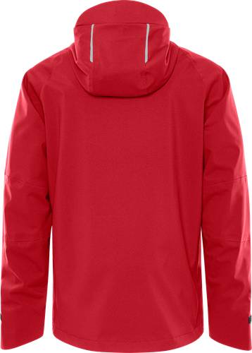 Eine rote Kapuzenjacke von hinten betrachtet, mit einfachen Designlinien, geeignet für lässige Outdoor-Bekleidung.