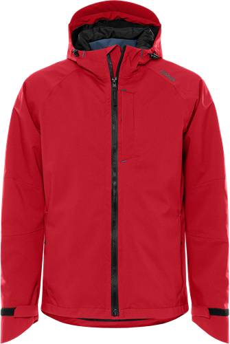 Eine rote Kapuzenjacke mit Reißverschluss vorne und Brusttasche, von vorne gezeigt.