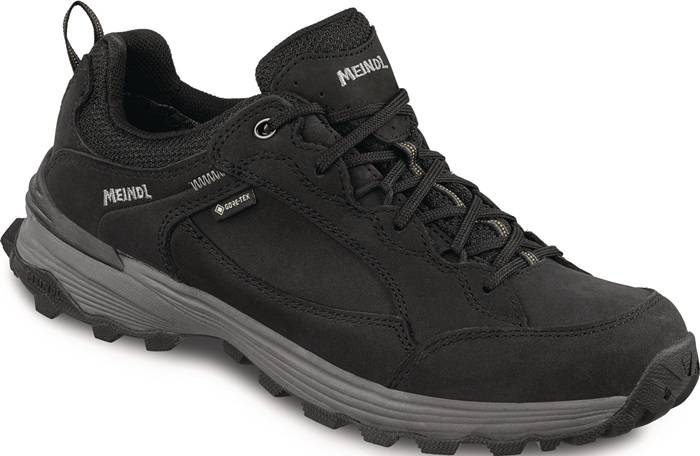 Schwarzer Wanderschuh mit GORE-TEX-Etikett, ausgestattet mit Schnürsenkeln und robuster Sohle, geeignet für Outdoor-Aktivitäten.