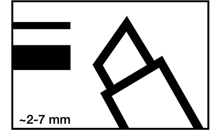 67 mm' neben geometrischen Formen einschließlich einer fetten horizontalen Linie und einem geneigten Quadrat und Dreieck, alles in Schwarz-Weiß.