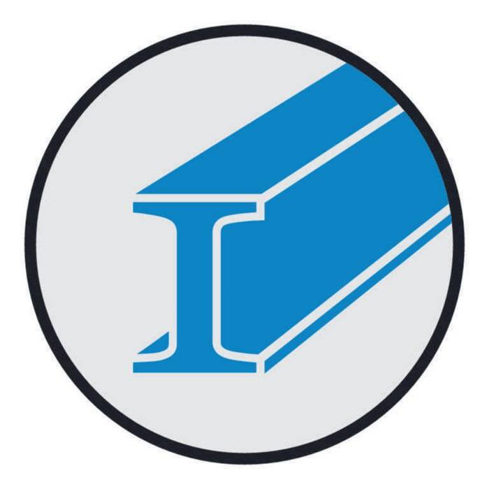 Ein blaues Stahlträger-Symbol in einem Kreis, das Stärke und Bauwesen repräsentiert.