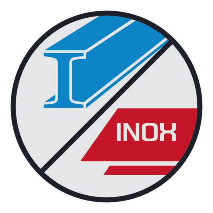 Ein kreisförmiges Logo mit einem blauen I-Träger und einer roten Form, die den Text 'INOX' enthält.