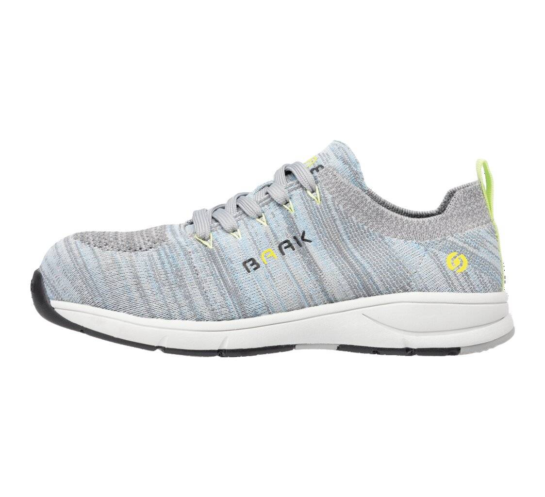 Grauer Sportschuh mit weißer Sohle, Markenlogo 'BEAK' an der Seite, aus Strickstoff gefertigt, mit Neongelb-Akzenten am Absatz, für maximalen Komfort konzipiert.