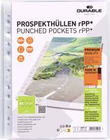 Prospekthüllen rPP Punched Pockets' Verpackung zeigt ein Bild einer malerischen Straße. Highlights sind hochwertige Qualität und die Herstellung in Deutschland.