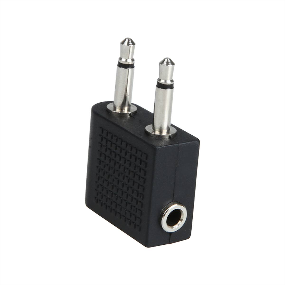 Ein schwarzer Audio-Adapter mit zwei metallenen Steckern und einem weiblichen Anschluss, der zum Anschließen von Kopfhörern an Audiogeräte verwendet wird.