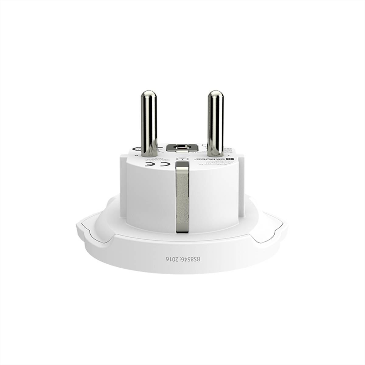 Ein weißer europäischer Steckeradapter mit zwei runden Metallstiften, der für die Verwendung mit elektronischen Geräten konzipiert ist.