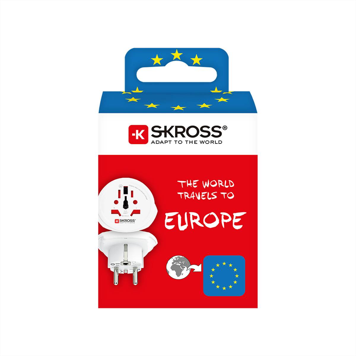 Verpackung des SKROSS-Reiseadapters für Europa mit europäischer Flagge, Stecker und dem Schriftzug „Die Welt reist nach Europa