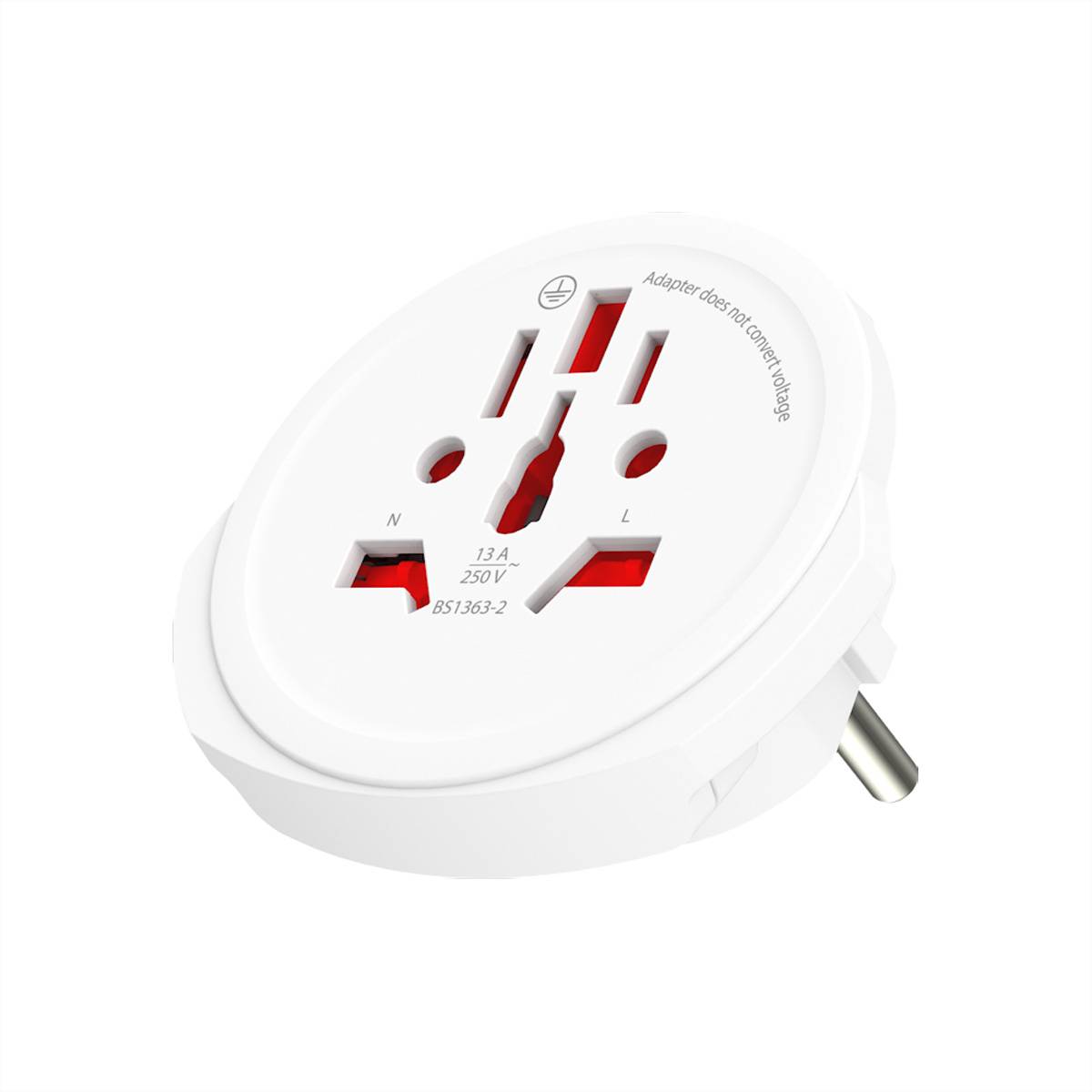 Ein weißer universeller Steckeradapter mit mehreren Steckdosentypen und einer runden Gestaltung, geeignet für verschiedene internationale Steckernormen.