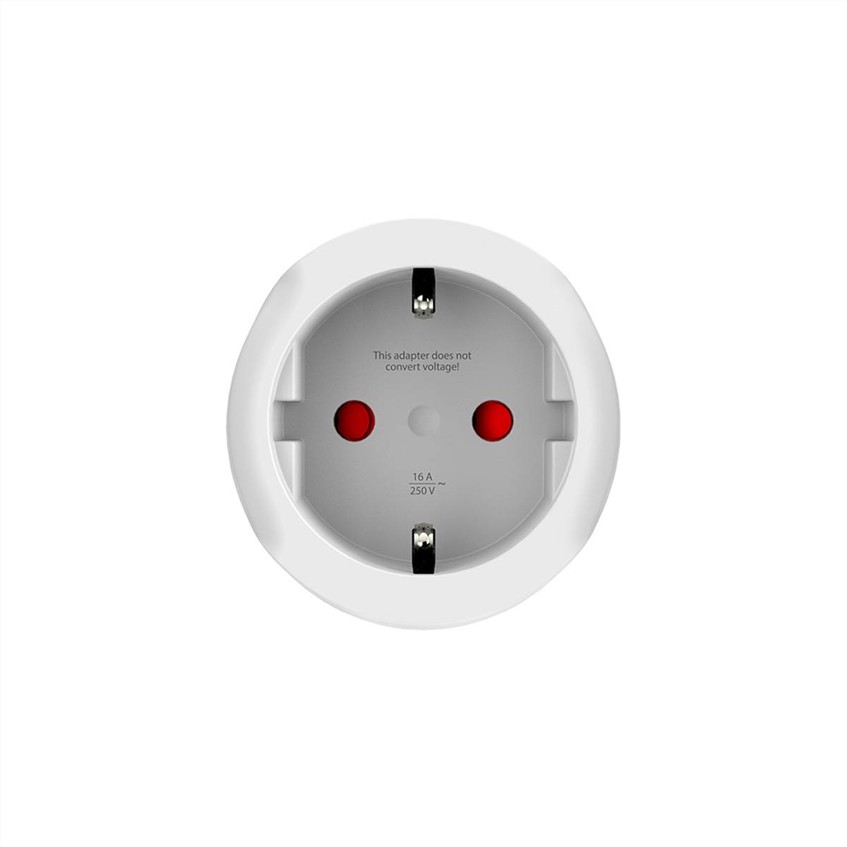 Ein runder zweipoliger europäischer Netzsteckeradapter mit dem Text '16 A 250 V' und 'Dieser Adapter wandelt die Spannung nicht um' darauf gedruckt.