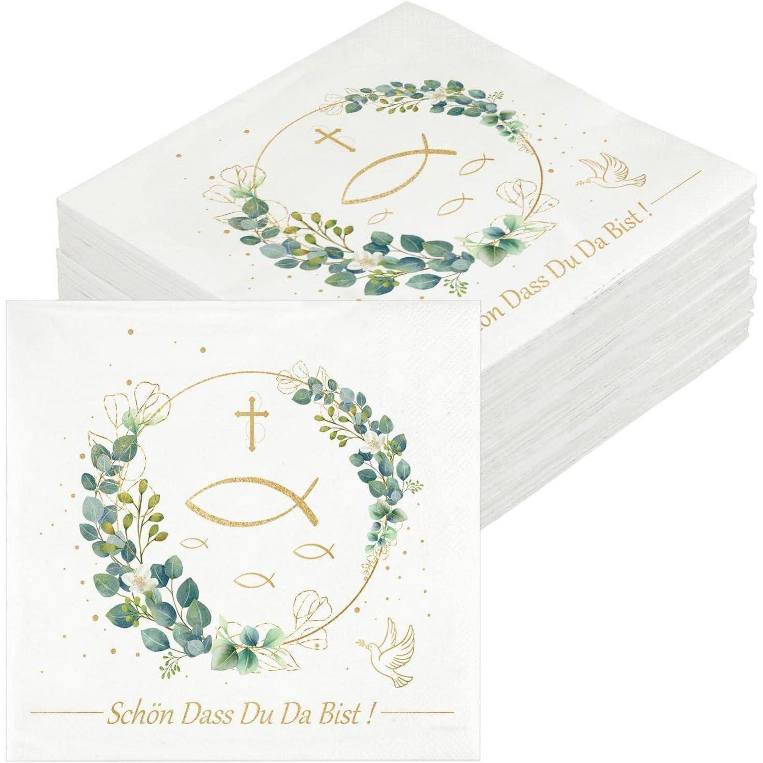 Ein Stapel weißer Servietten mit einem floralen Kranzdesign, das christliche Symbole enthält: Kreuz, Fisch und Taube. Text lautet: 