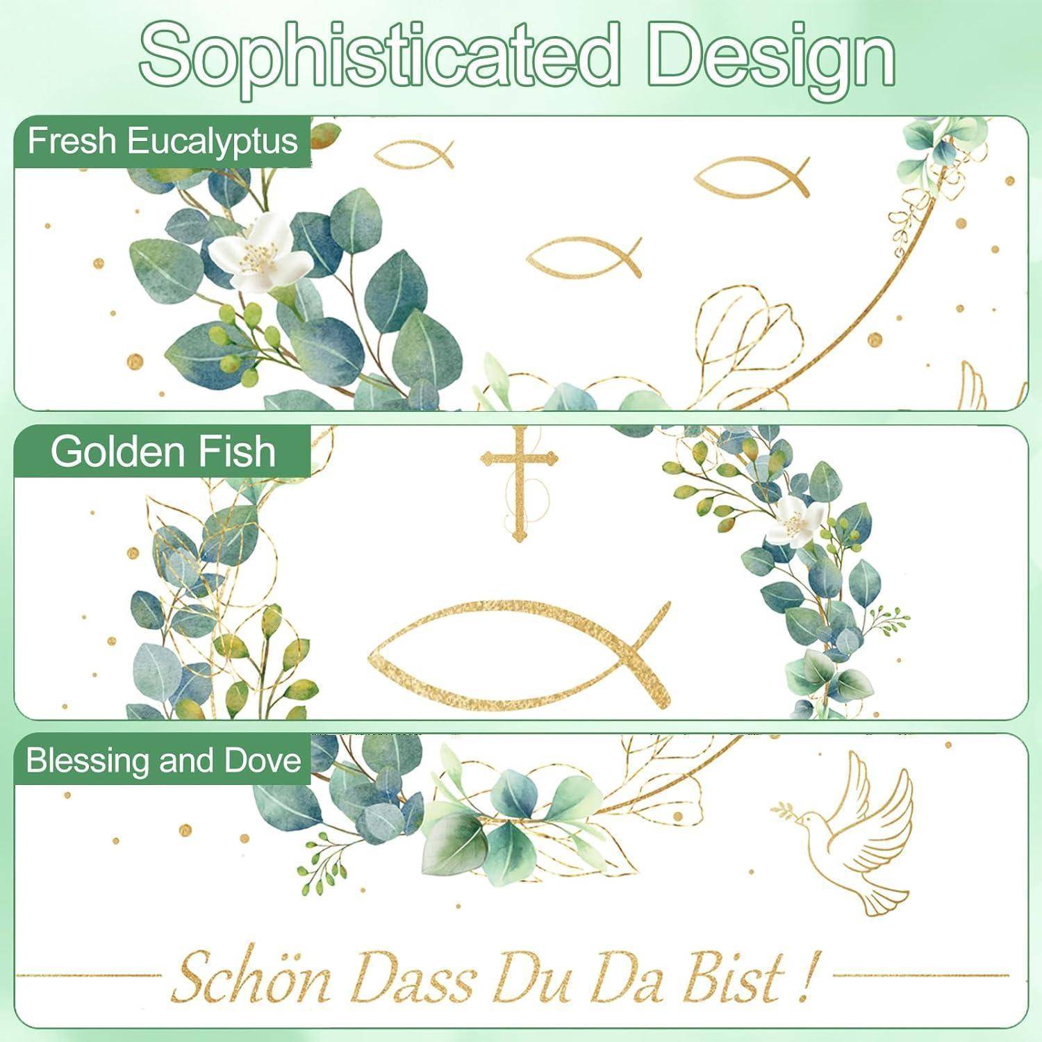 Ausgefeiltes Design' mit Motiven 'Frischer Eukalyptus', 'Goldener Fisch' und 'Segen und Taube' mit Text 'Schön, dass du da bist!