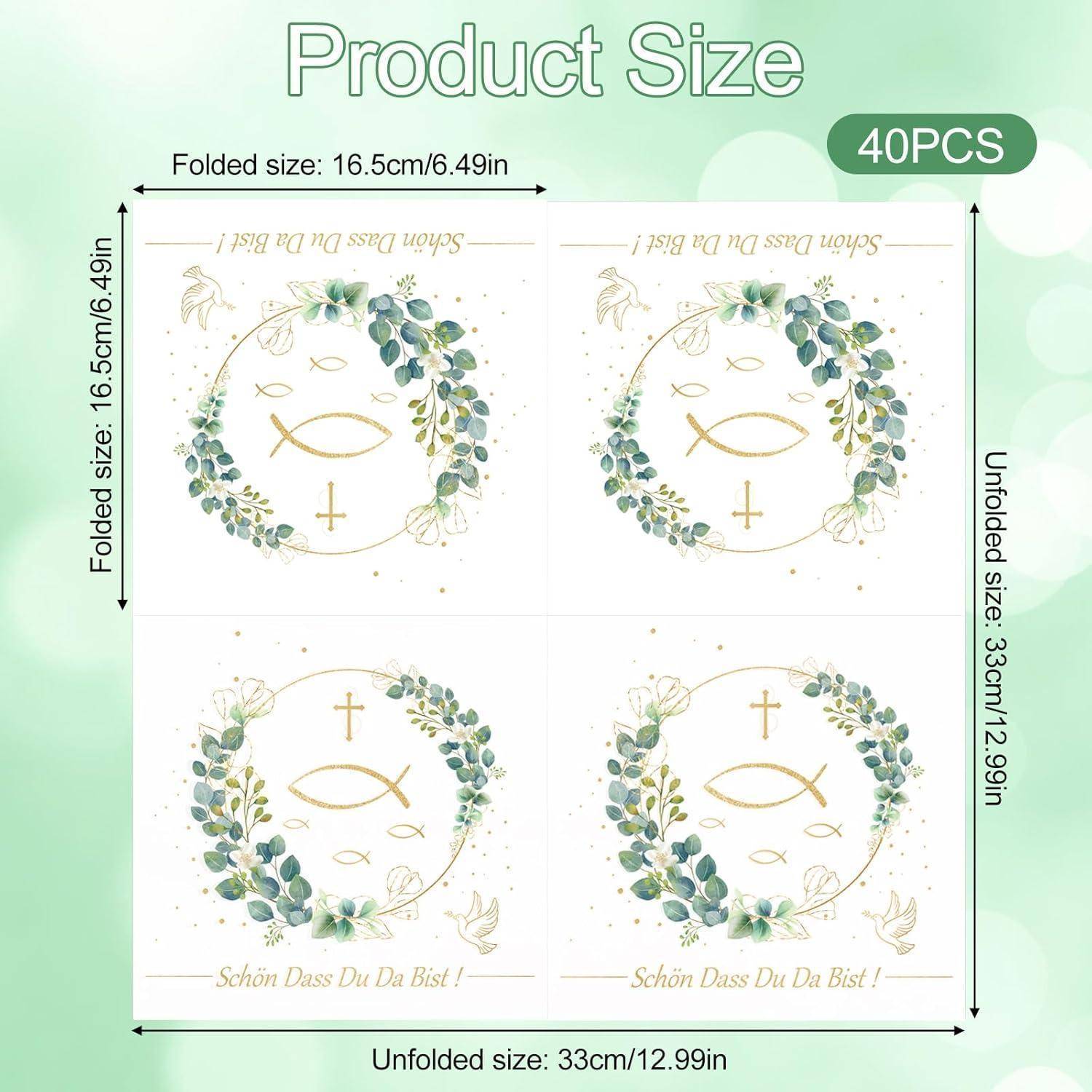 Produktgröße' Tabelle für 40 Stück mit Abmessungen der gefalteten und entfalteten Serviette. Jede Serviette zeigt florale Designs, Kreuze und den Text 'Schön Dass Du Da Bist!'.
