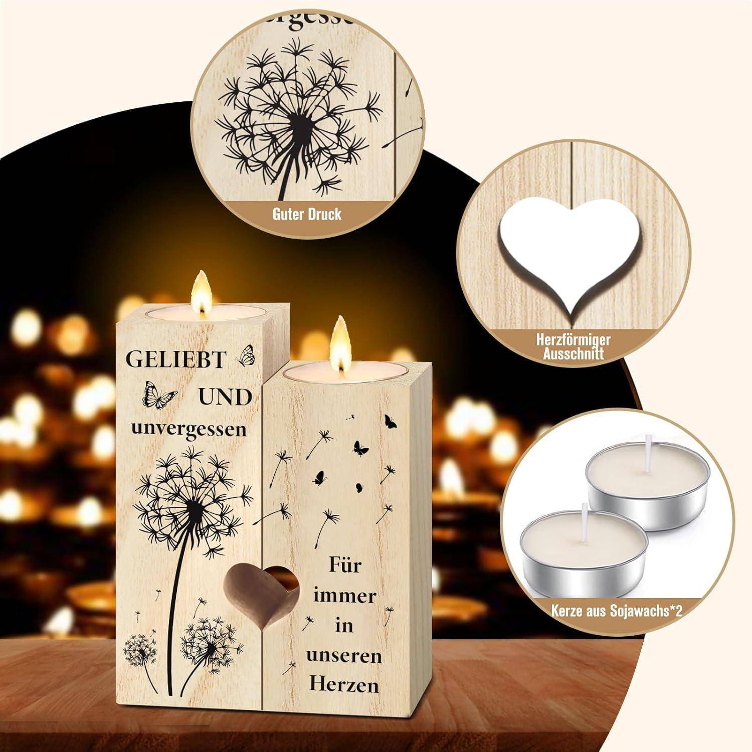 Holzkerzenhalter mit Löwenzahndesign, Herzausschnitt und Text 'Geliebt und unvergessen' und 'Für immer in unseren Herzen.
