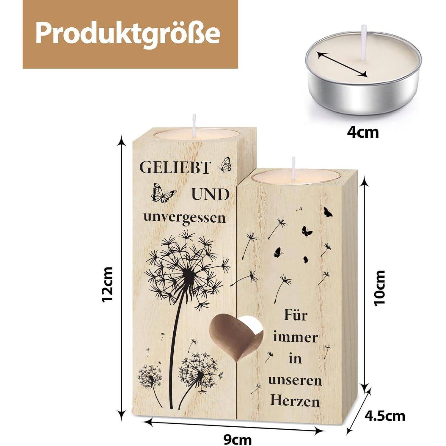 Zwei Holzkerzenhalter mit deutschem Text 'GELIEBT UND unvergessen' und 'Für immer in unseren Herzen', mit Abmessungen von 12cm x 9cm und 10cm x 4,5cm, mit einer Teelichtgröße von 4cm.
