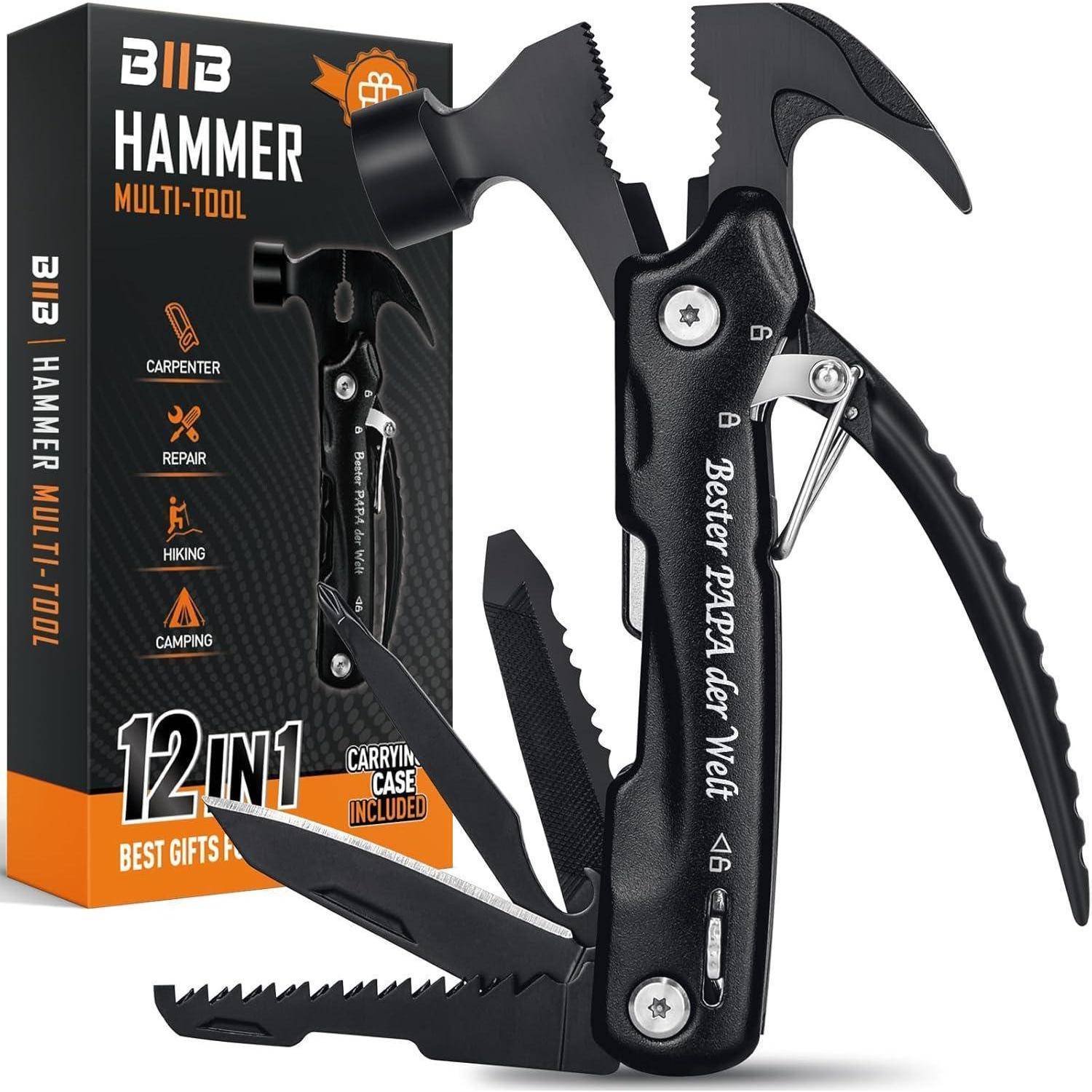 Ein schwarzes Multitool mit Hammer, Zange und verschiedenen Funktionen. Verpackung hebt '12 in 1' und 'Beste Geschenke' hervor. Entwickelt für vielseitigen Einsatz.