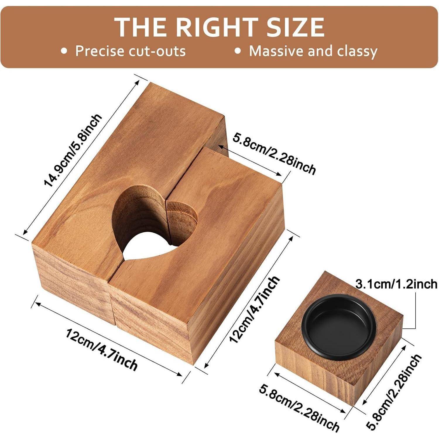 Holzblock mit kreisförmiger Aussparung und Abmessungen: 14,6 cm x 5,8 cm x 4,7 cm, hervorgehobene Merkmale: 'Präzise Ausschnitte' und 'Massiv und stilvoll'.