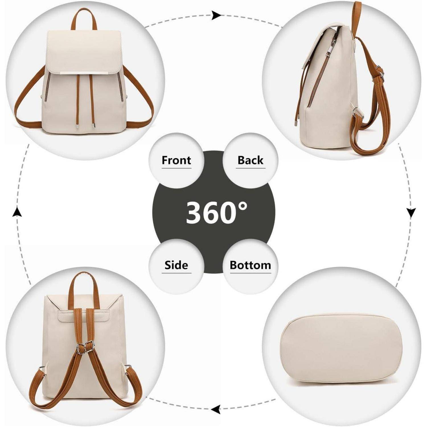 360°-Ansicht eines beigen Rucksacks mit braunen Riemen, der Vorder-, Rück-, Seiten- und Unterseite zeigt. Kreisförmige Anordnung mit Pfeilen zur Darstellung der Rotation.