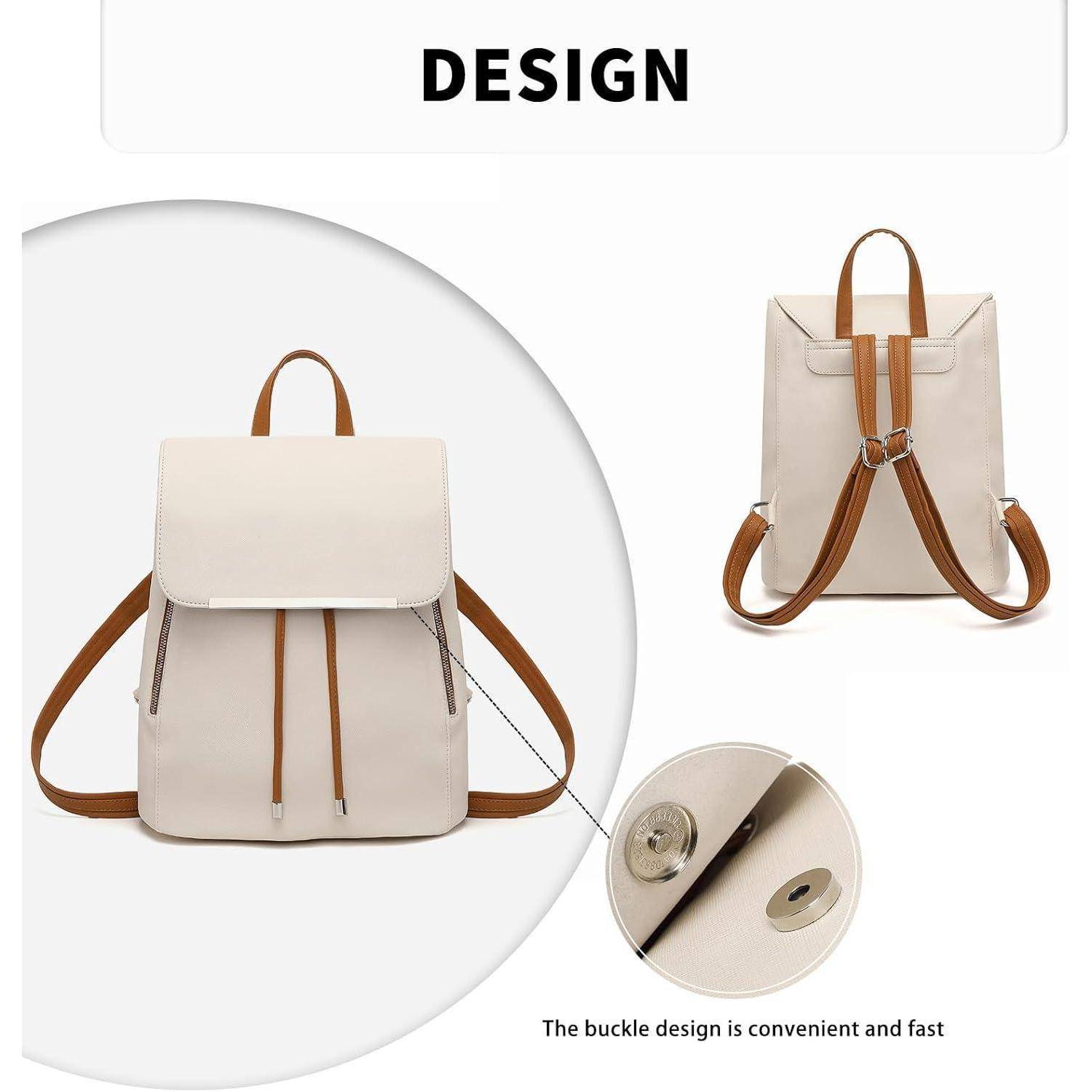 Weißer Rucksack mit braunen Trägern, von vorne und hinten gezeigt. Nahaufnahme der Schnallendetails. Text liest sich 'DESIGN'. Schnallendesign ist praktisch und schnell.