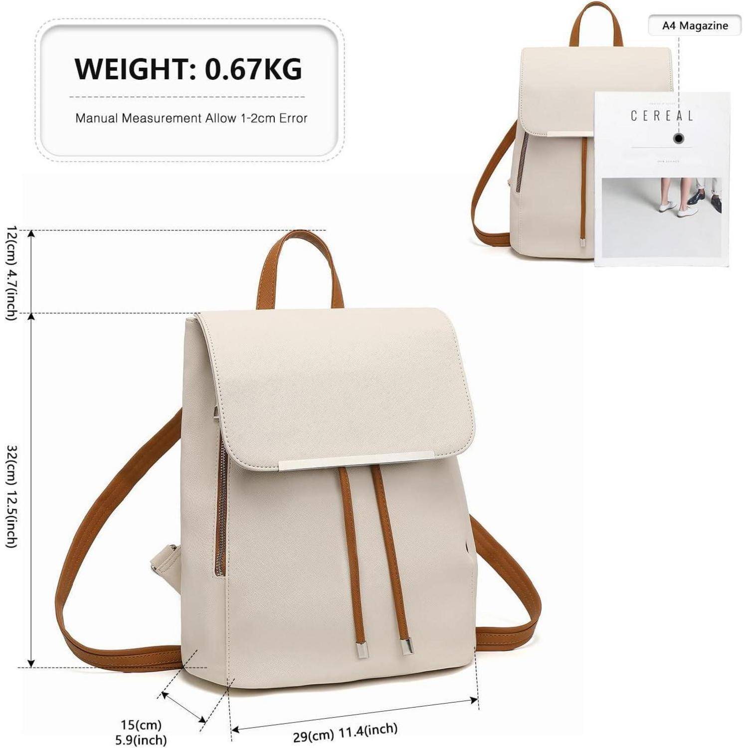 Weißer Rucksack mit braunen Trägern, Abmessungen: 32cm x 29cm x 15cm, Gewicht: 0,67kg, zusammen mit einem A4-Magazin zur Größenvergleichung dargestellt.