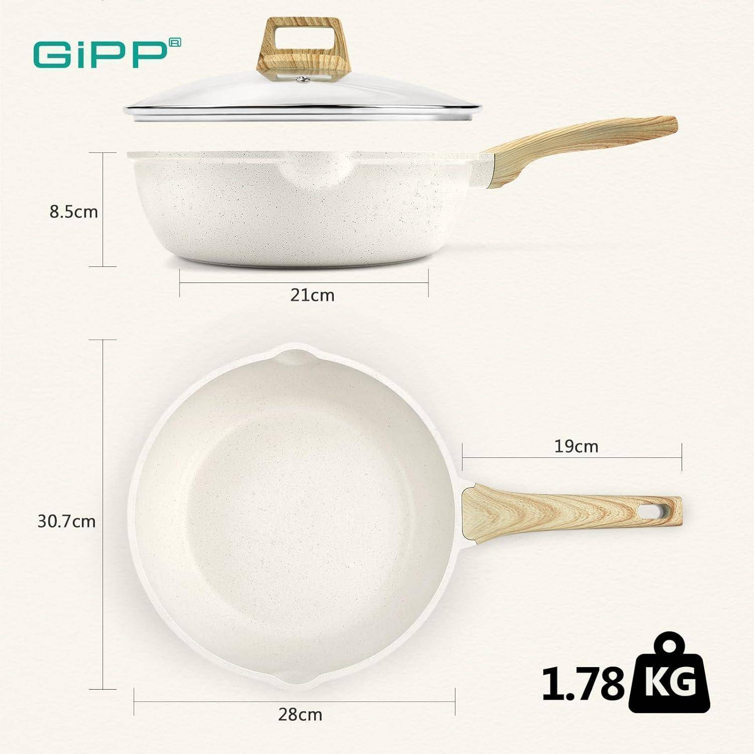 Keramische Pfanne mit Holzgriff und Deckel, Abmessungen: Höhe 8,5 cm, Durchmesser 28 cm. Gewicht 1,78 kg.