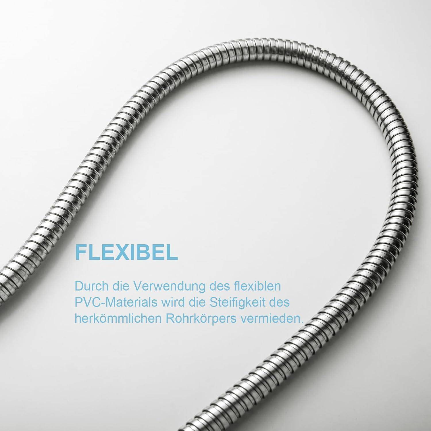 Ein flexibler Metallschlauch auf einem hellen Hintergrund. Deutscher Text liest sich 'FLEXIBEL', der die Flexibilität und Haltbarkeit des Materials beschreibt.