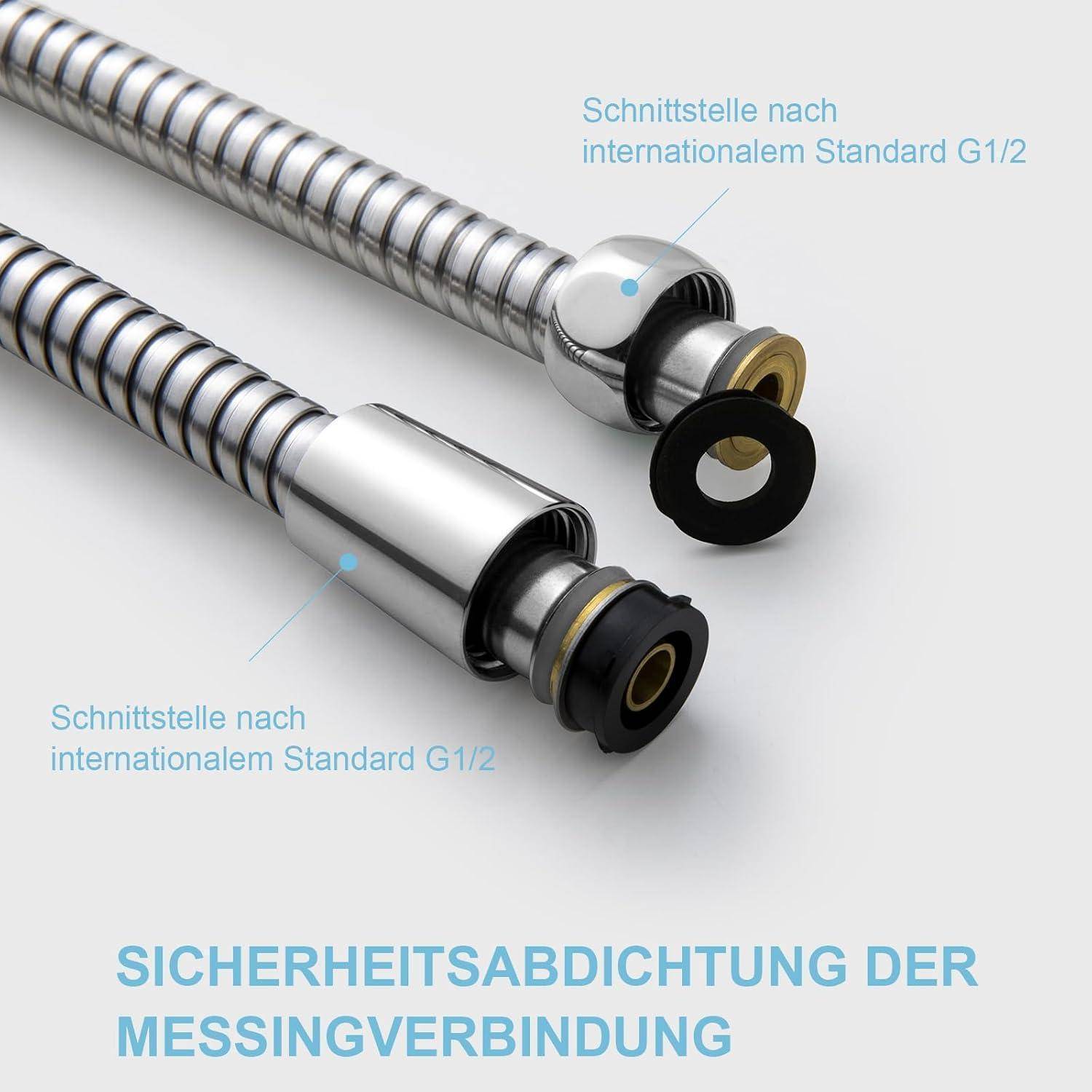 Zwei flexible Schläuche mit sicheren Messingverschraubungen weisen internationale Standardgewindeart G1/2A auf und verfügen über Sicherheitssiegel.