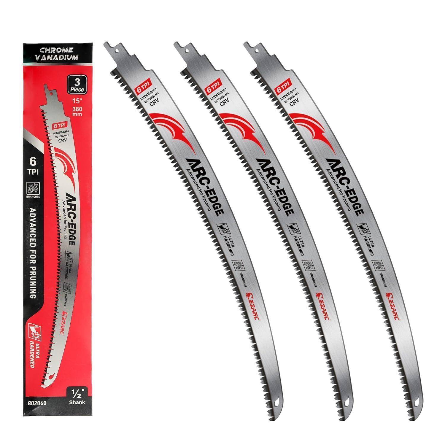 Dreierpack 'ARC-EDGE' Sägeblätter zum Beschneiden, 6 Zähne pro Zoll, aus Chrom-Vanadium-Stahl, fortschrittlich für Beschneidungsarbeiten. Inklusive Verpackung mit Spezifikationsangaben.