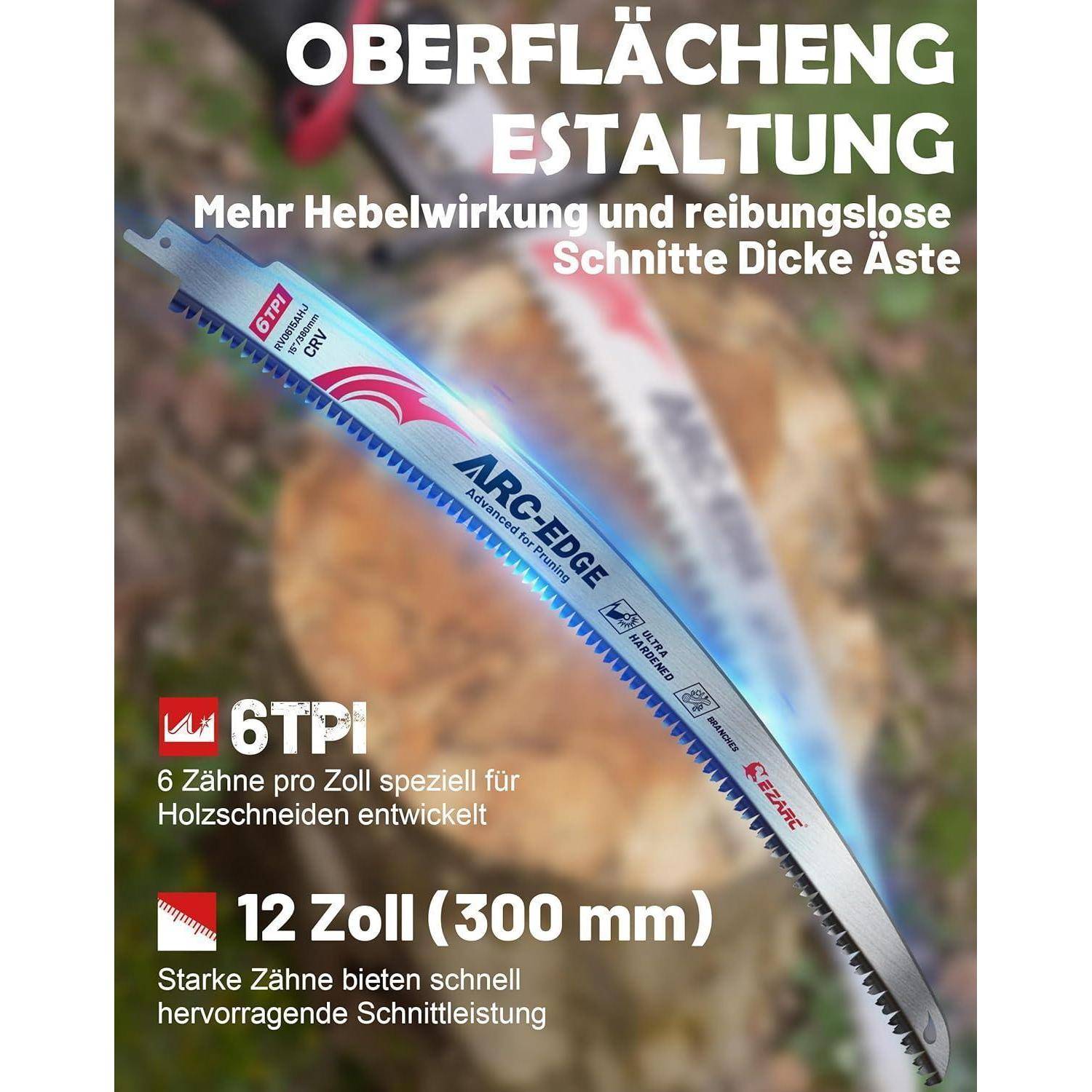 ARC-Edge' Sägeblatt-Werbung hebt 6 Zähne pro Zoll (6 TPI) für das Holzschneiden hervor. Der Text erwähnt 