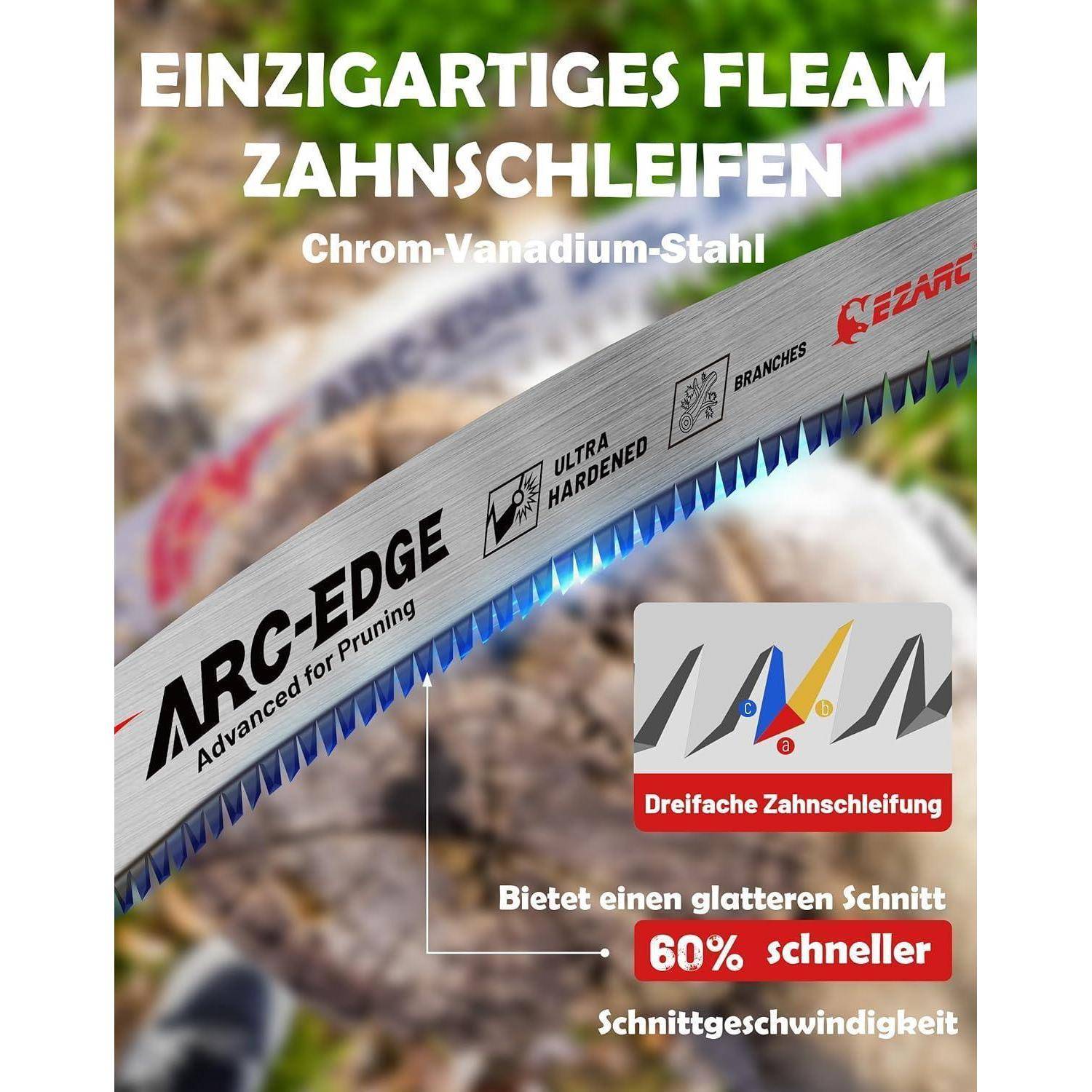 Sägeblatt mit deutscher Beschriftung, die das einzigartige Schrägnerzahlen-Schleifen in Chrom-Vanadium-Stahl bewirbt und eine 60% schnellere Schnittgeschwindigkeit hervorhebt.