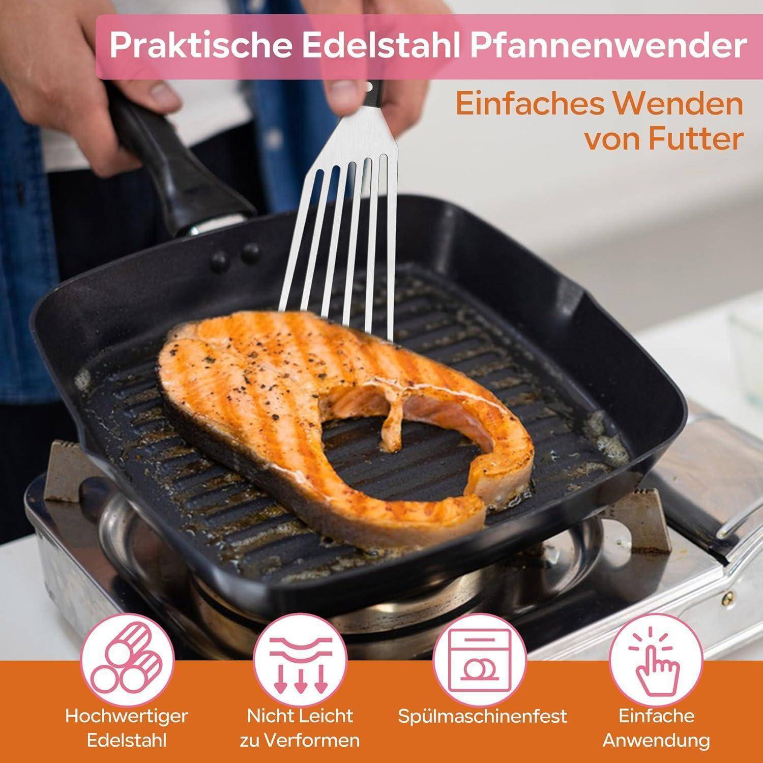 Eine Hand, die einen Salmon-Steak in einer Grillpfanne mit einem Edelstahl-Pfannenwender wendet. Der Text hebt die Vorteile hervor: langlebig, leicht zu bedienen.