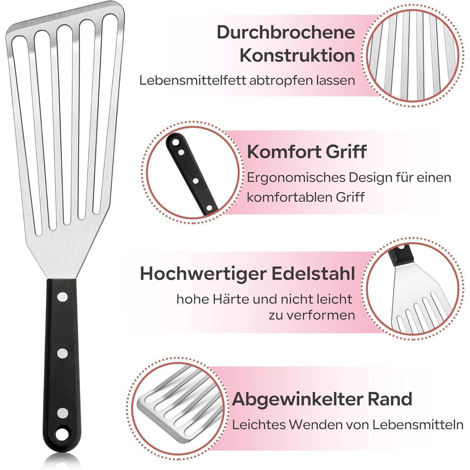 Pfannenwender mit schwarzem Griff, beschrieben als mit 'durchbrochener Gestaltung', 'Komfortgriff', 'hochwertigem Edelstahl' und 'abgeschrägter Kante'.