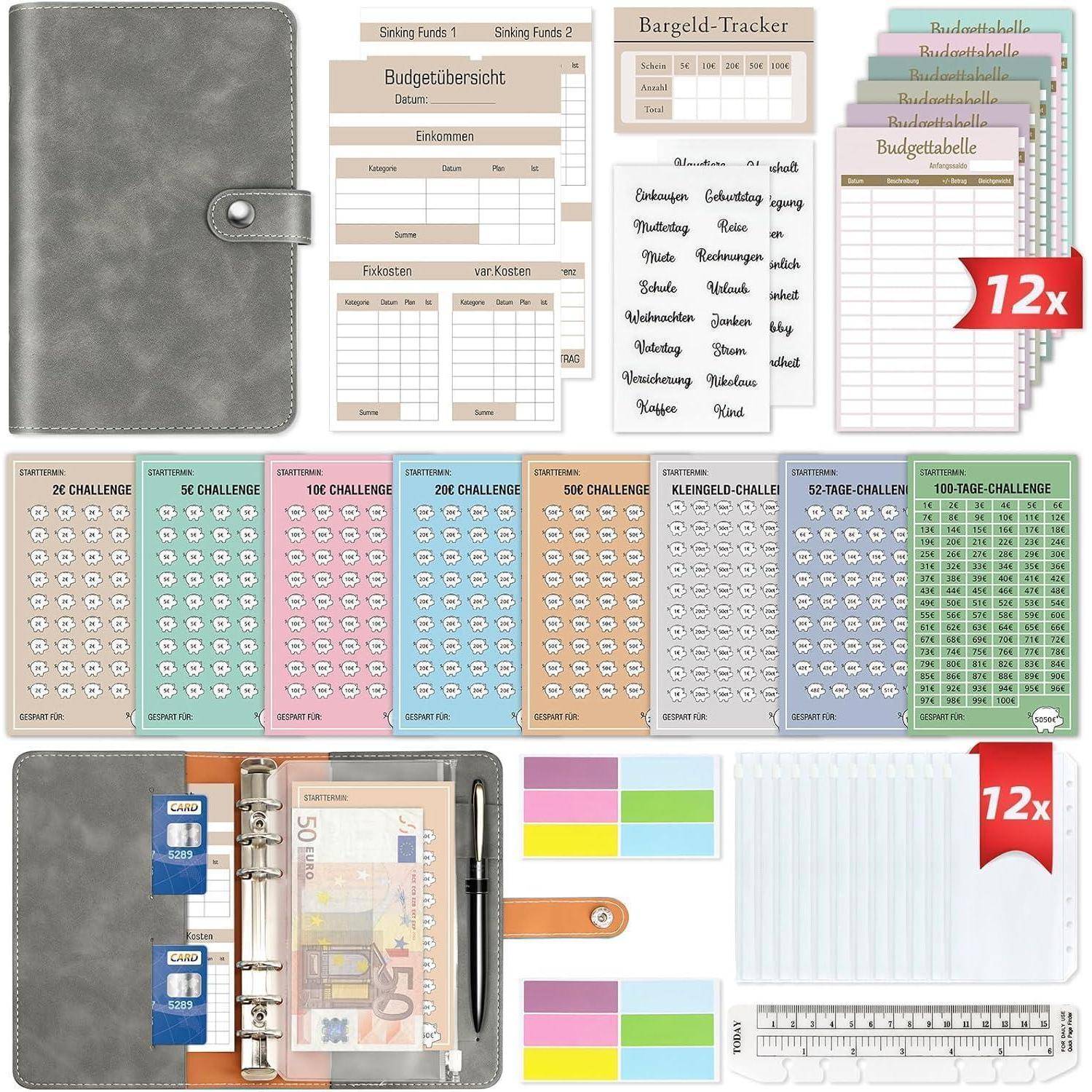 Budget-Planer-Set mit Kategorien, Spar-Herausforderungen und Tracking-Tools. Enthält Ordner, Sticker und Karten zur Finanzorganisation.
