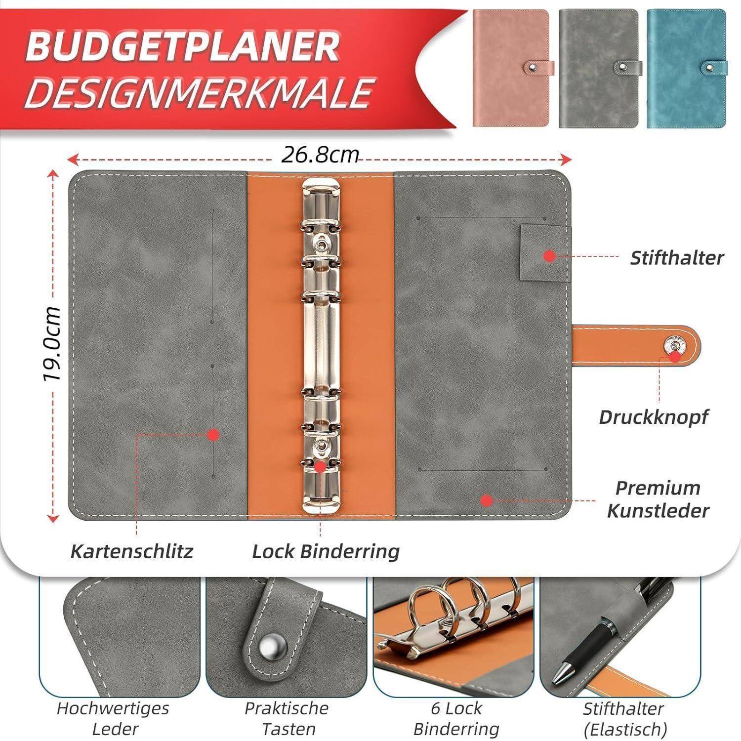 Budgetplaner Designmerkmale umfasst einen Premium-Kunstlederplaner im Format 26,8 cm x 19,0 cm mit Kartenfächern, Ringbindung, Stifthalter und Druckknopfverschluss.
