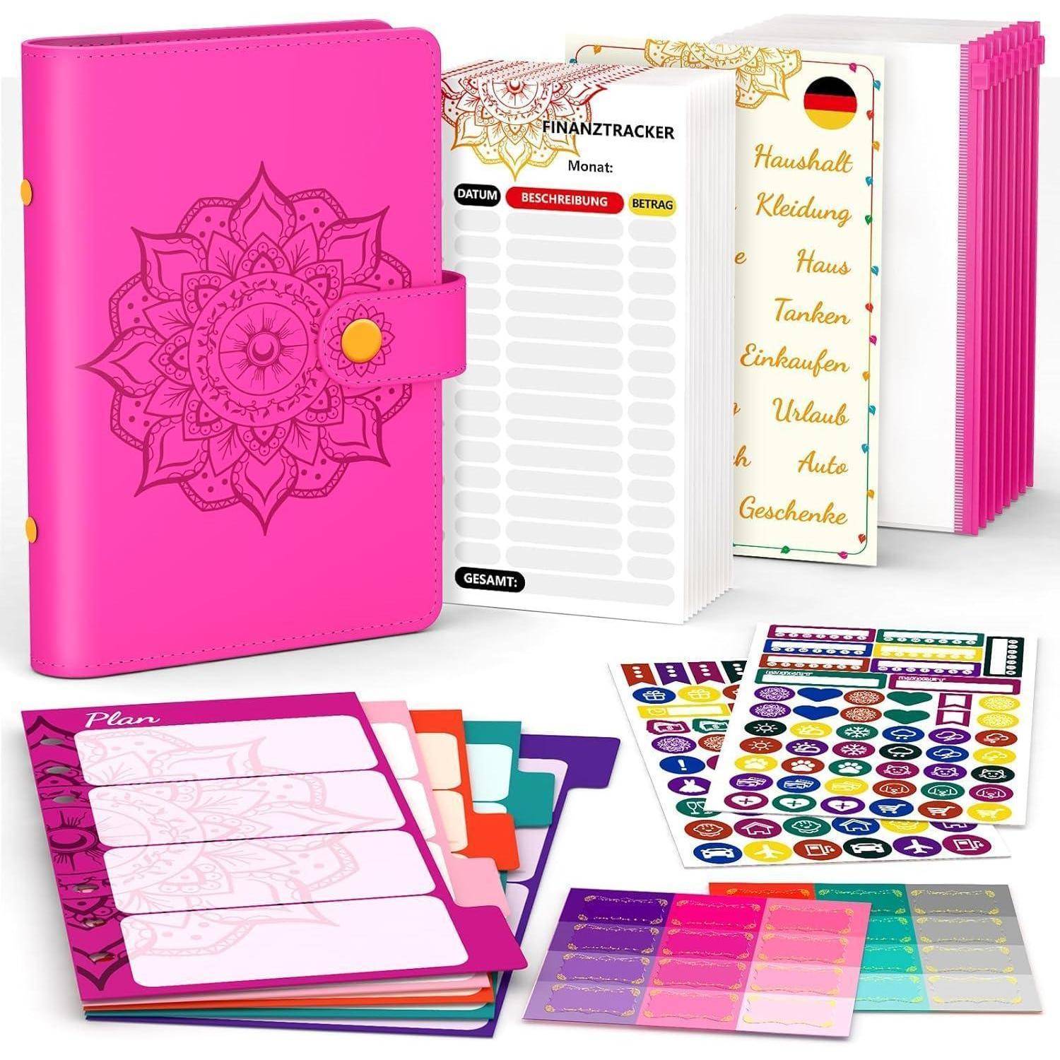 Rosa Planer-Set mit Mandala-Design, enthält Budgetblätter, Sticker und Registerkarten in verschiedenen Farben, zur Organisation von Finanzen und Aufgaben.