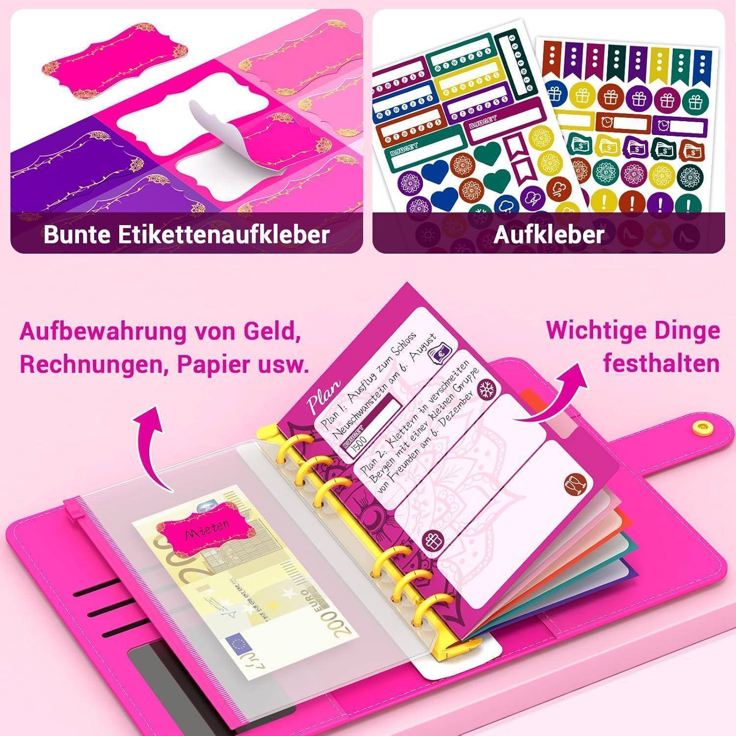 Ein rosa Planer mit bunten Stickern zum Organisieren und Etikettieren; enthält Vorlagen für Finanzen, Quittungen und Notizen.