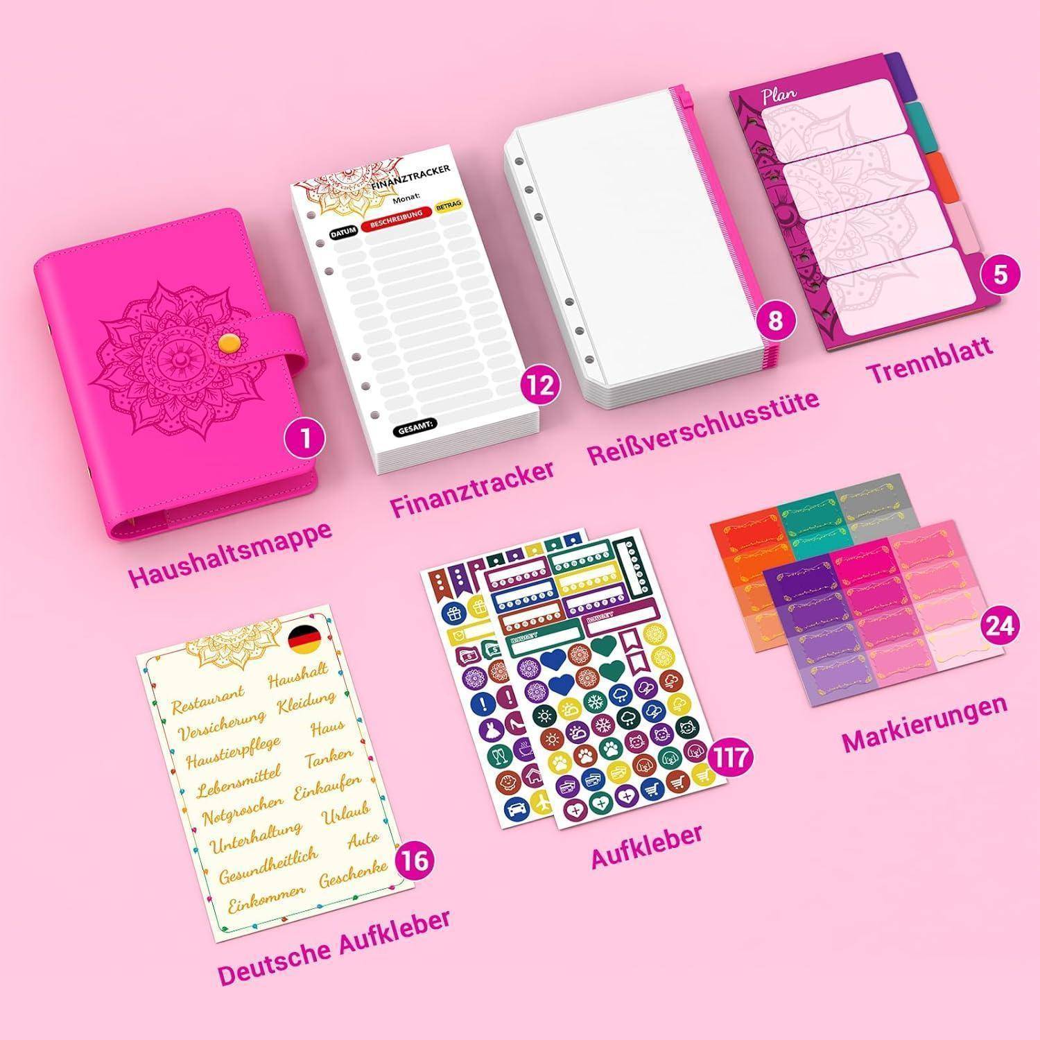 Eine Sammlung von Organisationsmaterialien: ein pinker Haushaltsordner, Finanz-Tracker, Reißverschlusstasche, Register, deutsche Sticker, Etiketten und Marker.
