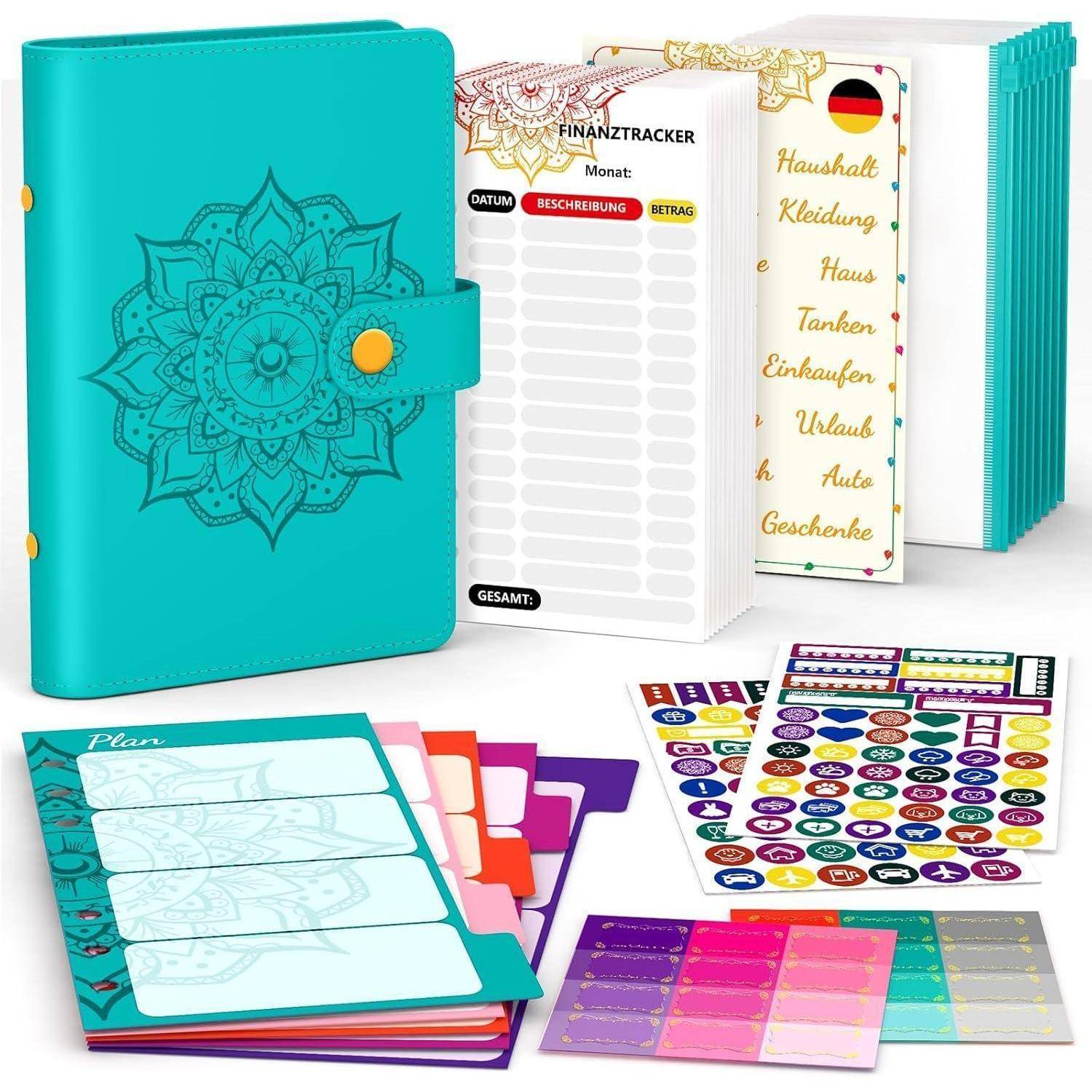 Türkisfarbener Planer mit Mandala-Design, Aufkleberbogen für Ausgaben und Organisation sowie deutsche Etiketten für Haushaltskategorien.