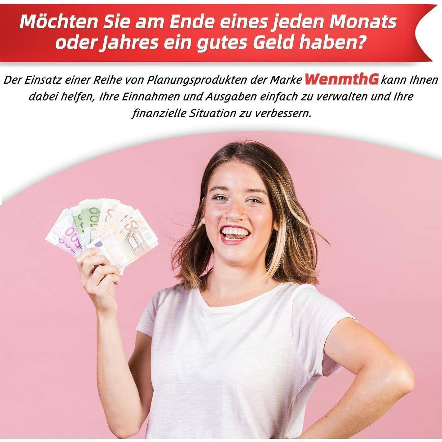 Eine lächelnde Person hält Eurobanknoten. Der Text im Bild fragt, ob Sie monatlich Geld sparen möchten und empfiehlt die Nutzung von Wennthg-Produkten.