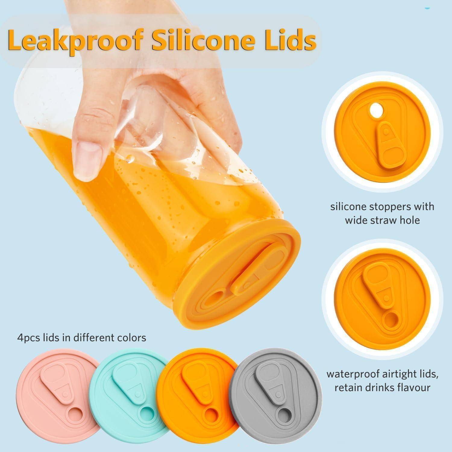 Auslaufsichere Silikondeckel. Hand, die ein Getränk aus einem Glas mit orangefarbenem Deckel einschenkt. Enthält vier Deckel in verschiedenen Farben mit Verschlüssen.