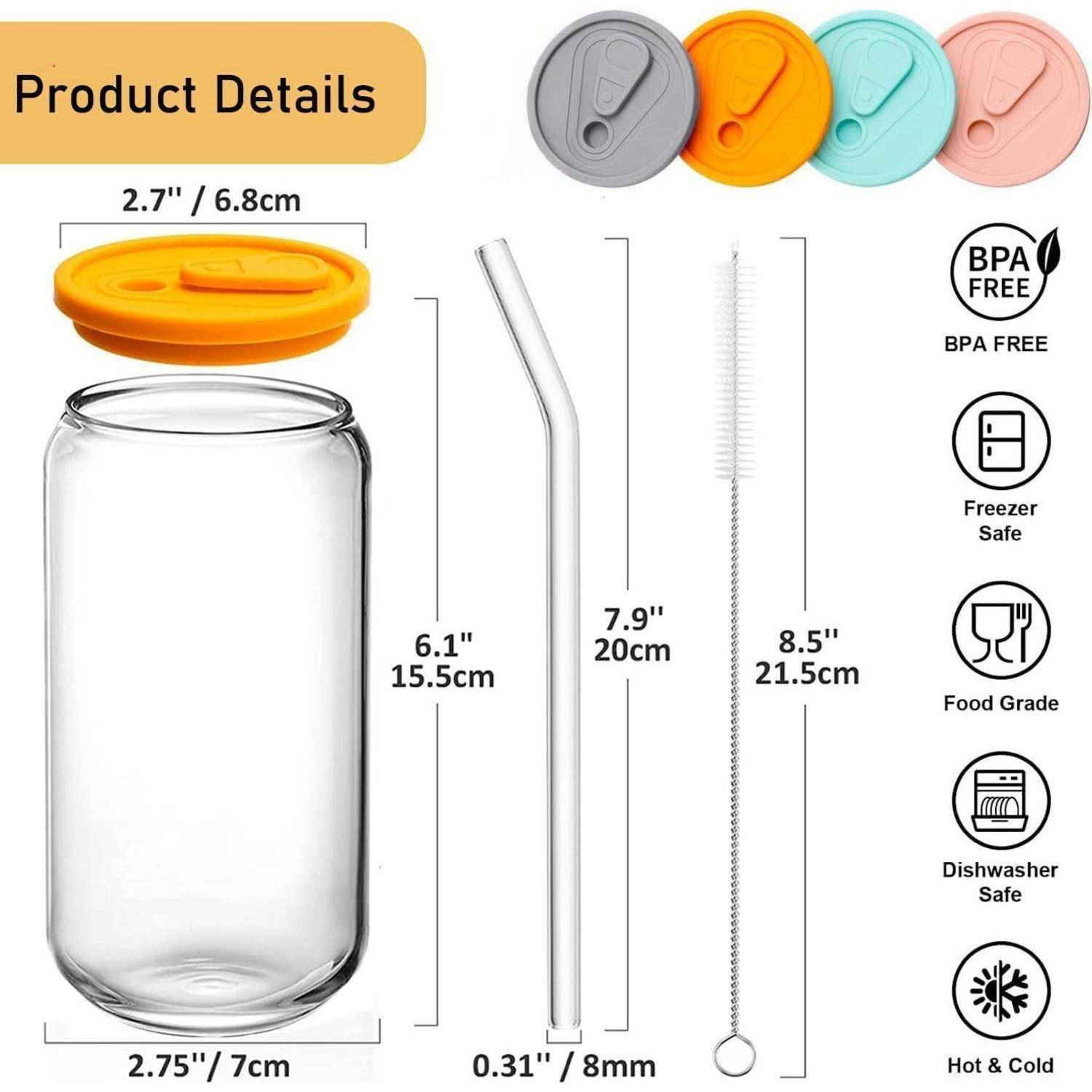 Produktdetails: Zeigt ein Glasglas mit Abmessungen, drei bunten Deckeln, einem Strohhalm und einer Bürste. Gekennzeichnet als BPA-frei, gefrierschrankgeeignet, lebensmittelecht und geschirrspülmaschinengeeignet.