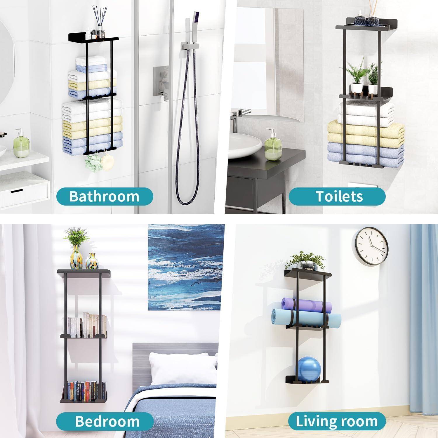 Die Abbildung zeigt wandmontierte Handtuchregale in verschiedenen Räumen: Badezimmer, Toilette, Schlafzimmer und Wohnzimmer, jeweils dekorativ mit Handtüchern und Dekoration gestaltet.