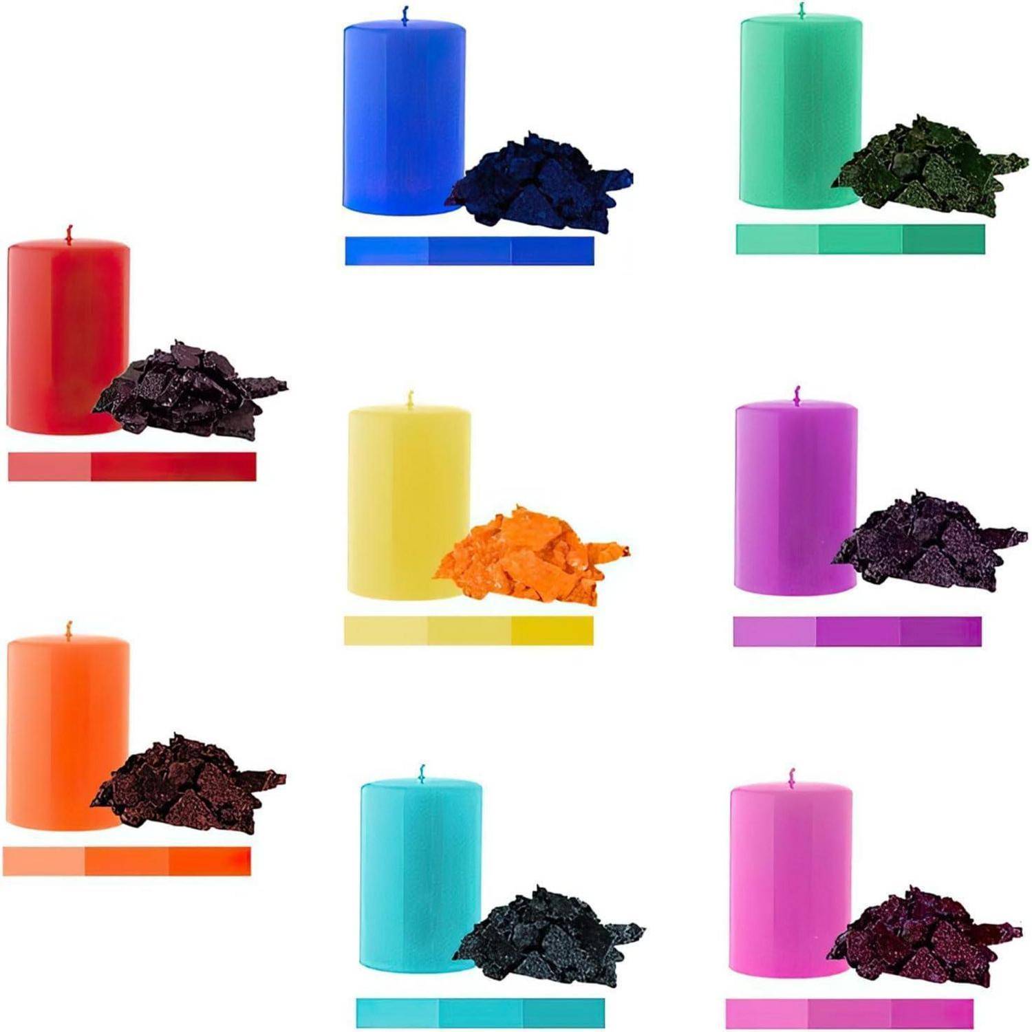 Ein Raster aus Kerzen in verschiedenen Farben - rot, blau, grün, orange, gelb, lila, rosa - jeweils gepaart mit einem passend gefärbten Objekt.