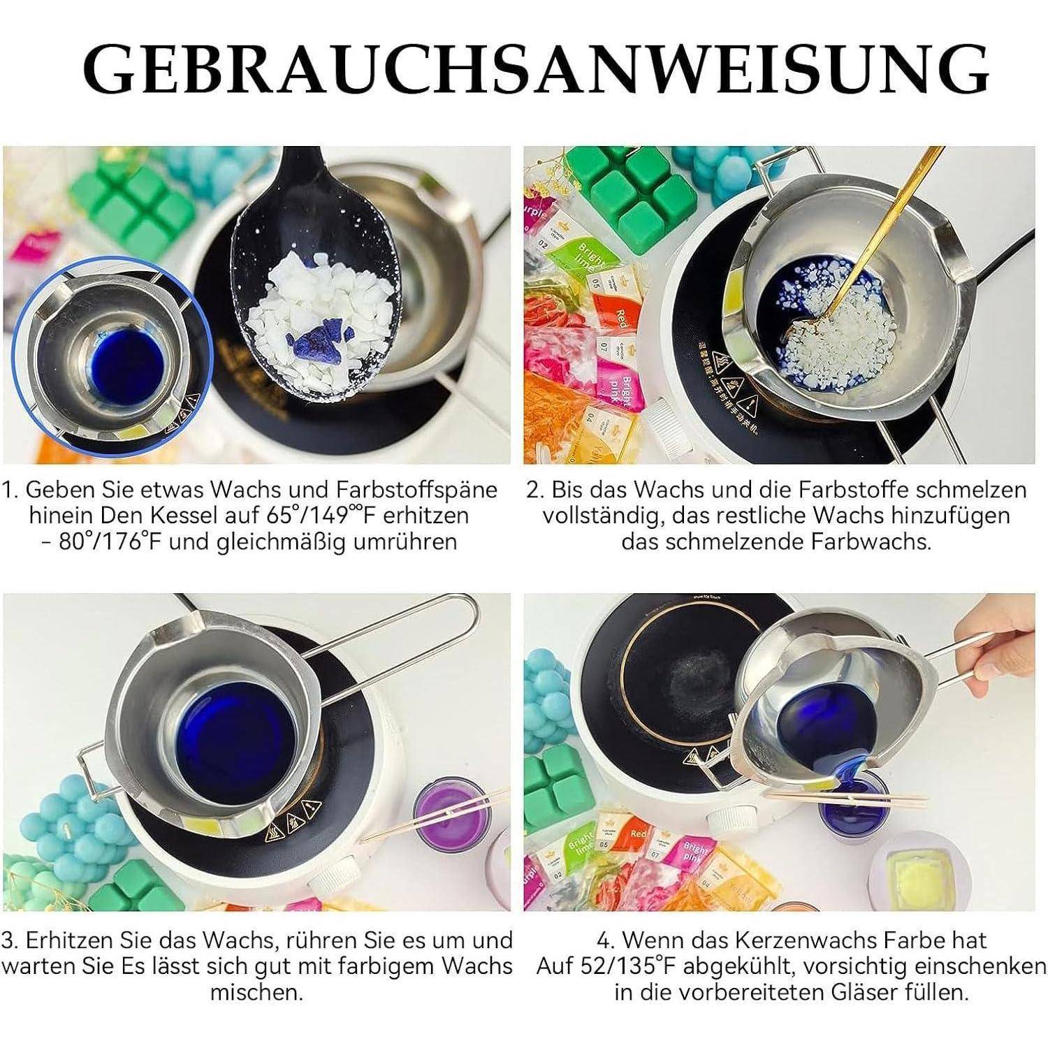 Bild zeigt einen vierstufigen Kerzenmachprozess: Wachs und Farbchips schmelzen, Rühren bis zum Schmelzen, Zugabe von Farbstoff und Gießen des Wachses in Formen.