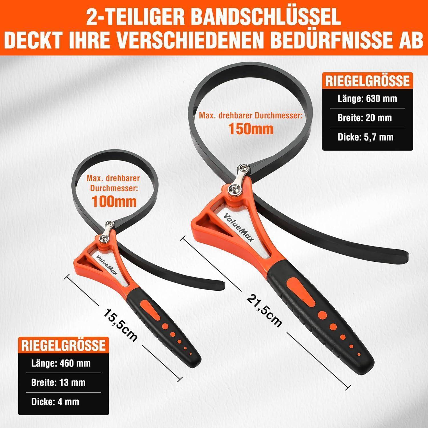 2-teiliges Bandschlüssel-Set in orange/schwarz, verstellbar für verschiedene Anforderungen. Maximaler Durchmesser 150 mm und 100 mm. Grifflängen 21,5 cm, 15,5 cm.