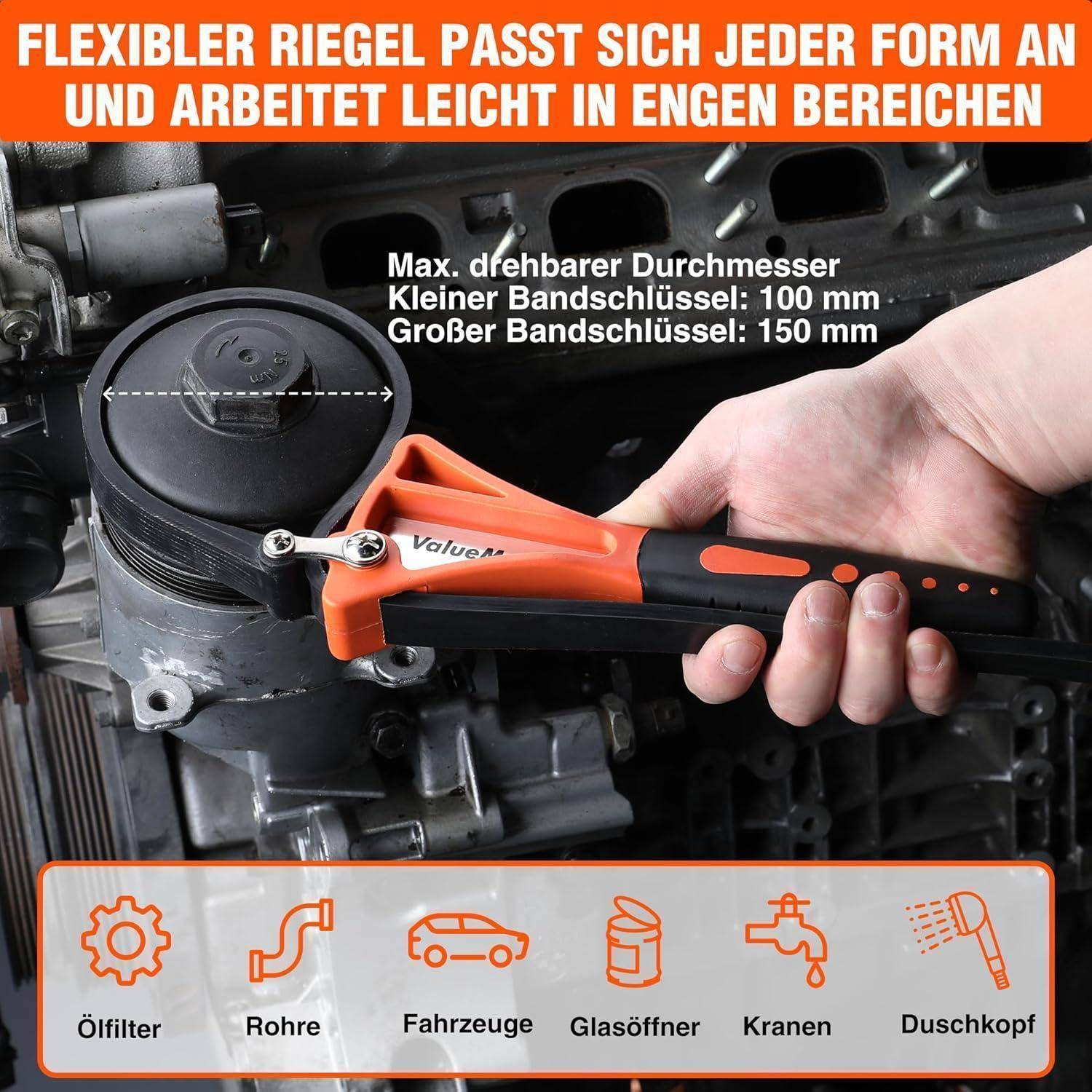 Eine Person verwendet einen orange-schwarzen verstellbaren Schraubenschlüssel an einem Motor. Der deutsche Text beschreibt die Flexibilität des Werkzeugs und seine verstellbaren Größen.